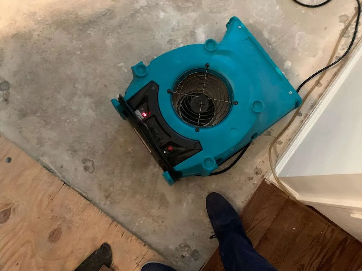 Air mover drying subfloor during Leak Detection & Repair in Bellefontaine Neighbors